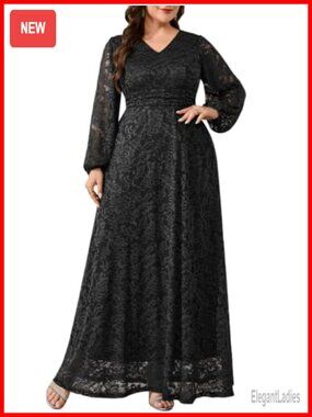 Plus Size Formal Lace V Neck Lantern Sleeve A-Line Maxi Dress Wedding Guest